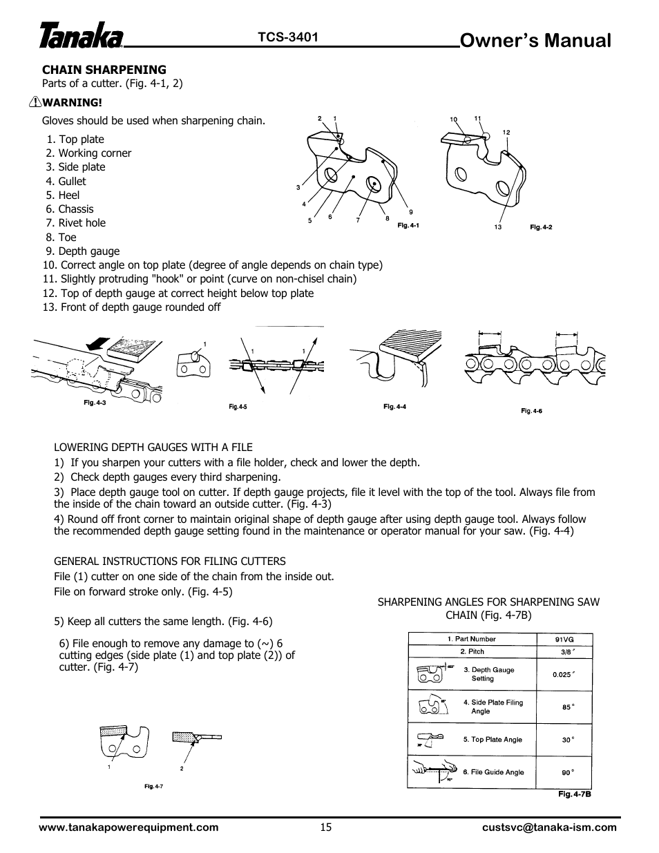 Chain sharpening, Owner’s manual | Tanaka TCS-3401 User Manual | Page 16 / 20