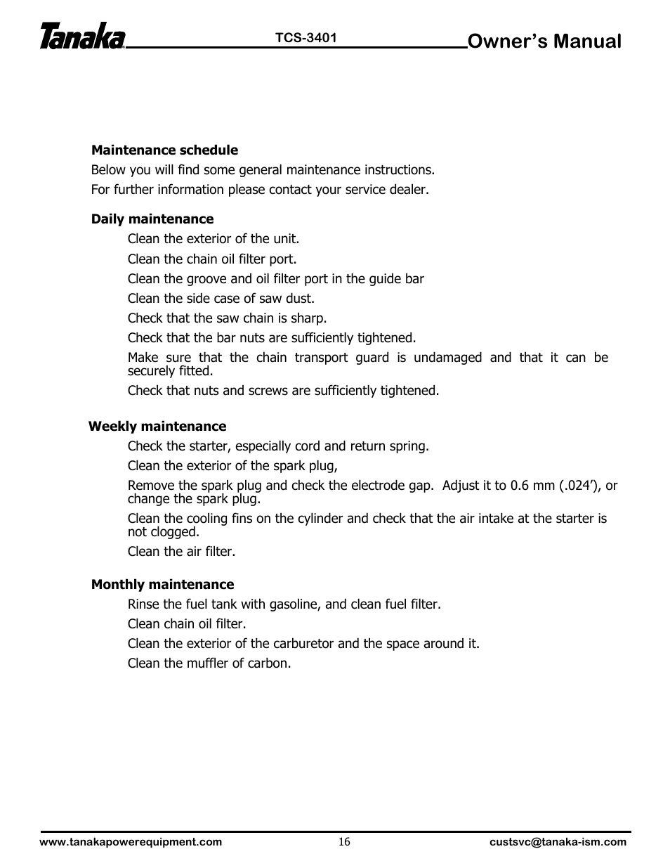 Owner’s manual | Tanaka TCS-3401 User Manual | Page 17 / 20