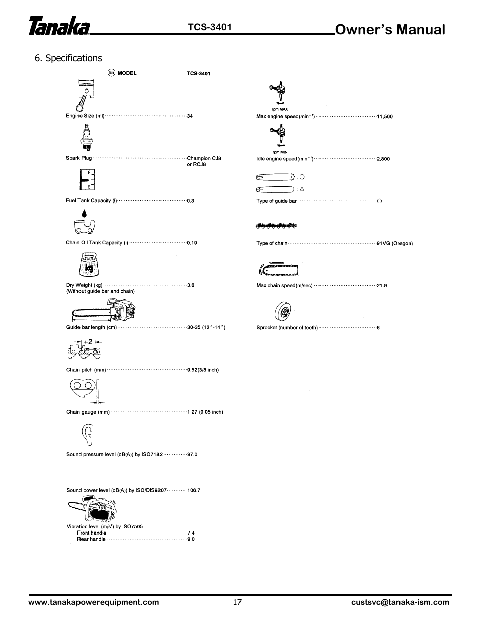 Specifications, Owner’s manual | Tanaka TCS-3401 User Manual | Page 18 / 20