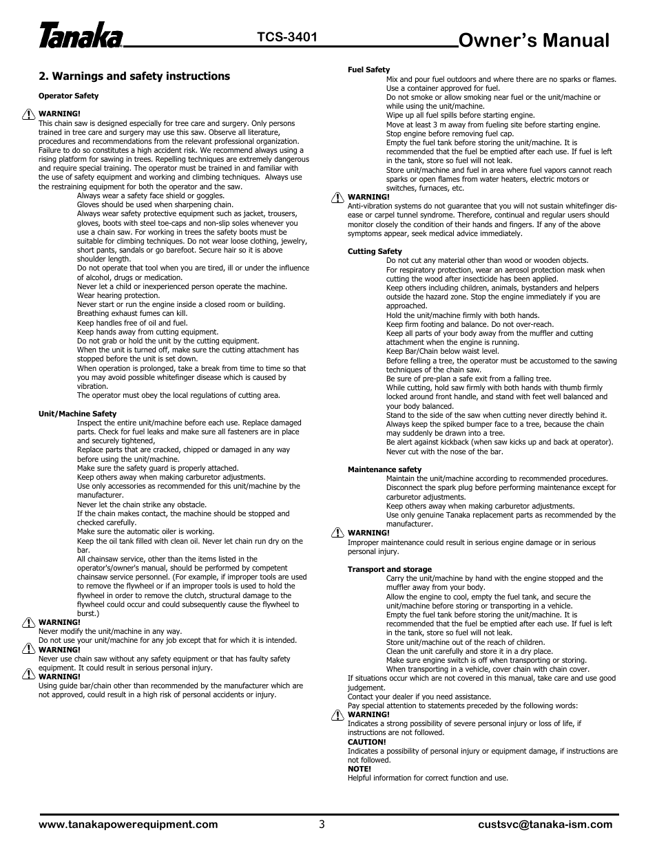 Warnings & safety instructions, Owner’s manual, Tcs-3401 | Warnings and safety instructions | Tanaka TCS-3401 User Manual | Page 4 / 20