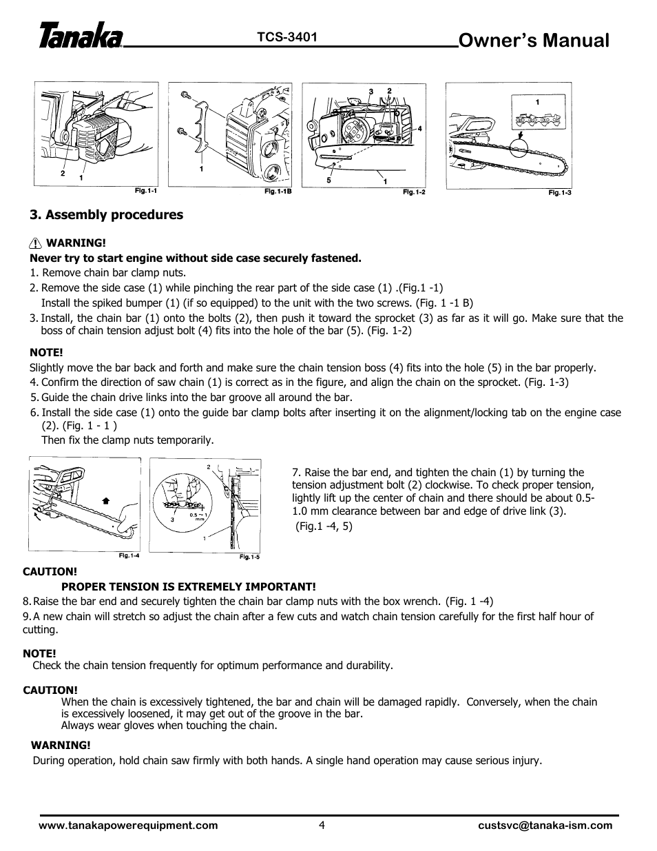 Assembly, Owner’s manual | Tanaka TCS-3401 User Manual | Page 5 / 20