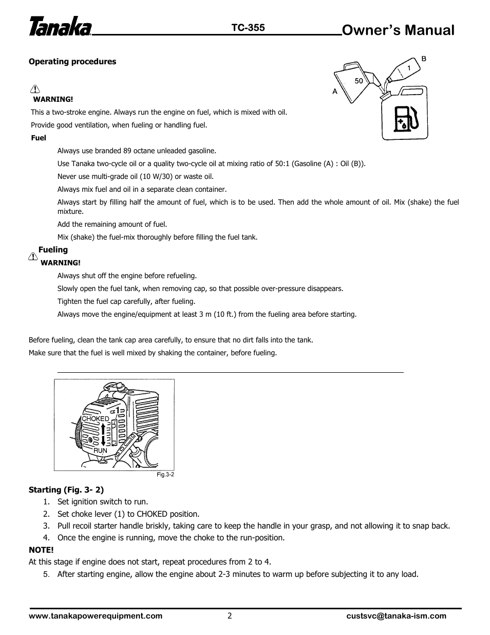 Operations, Owner’s manual | Tanaka TC-355 User Manual | Page 3 / 7