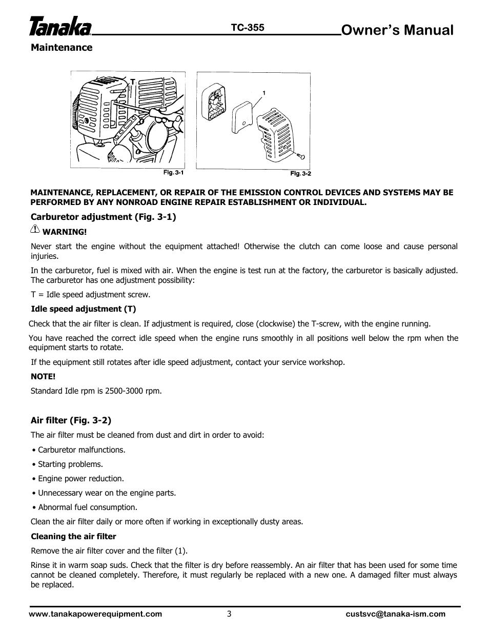 Maintenance, Owner’s manual | Tanaka TC-355 User Manual | Page 4 / 7