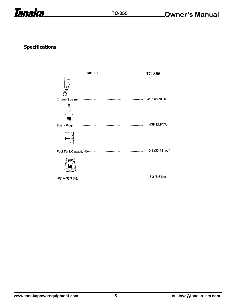 Specifications, Owner’s manual | Tanaka TC-355 User Manual | Page 6 / 7