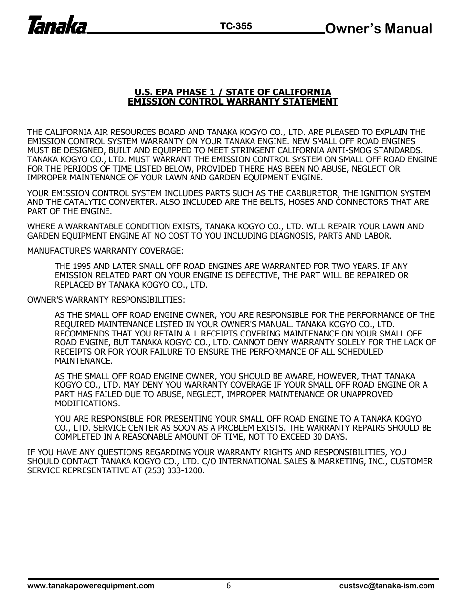 Epa information, Owner’s manual | Tanaka TC-355 User Manual | Page 7 / 7