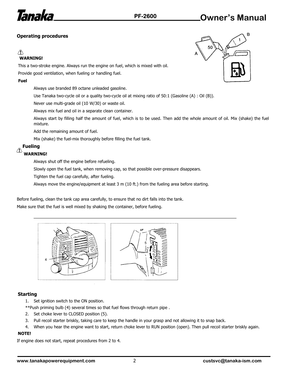 Operations, Owner’s manual | Tanaka PF-2600 User Manual | Page 3 / 7