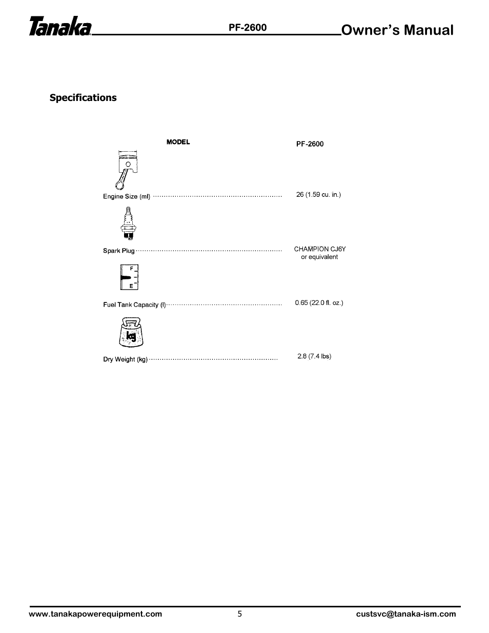 Specifications, Owner’s manual | Tanaka PF-2600 User Manual | Page 6 / 7