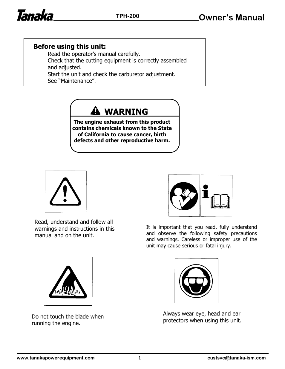 Symbols & alerts, Owner’s manual, Warning | Tanaka TPH-200 User Manual | Page 2 / 6