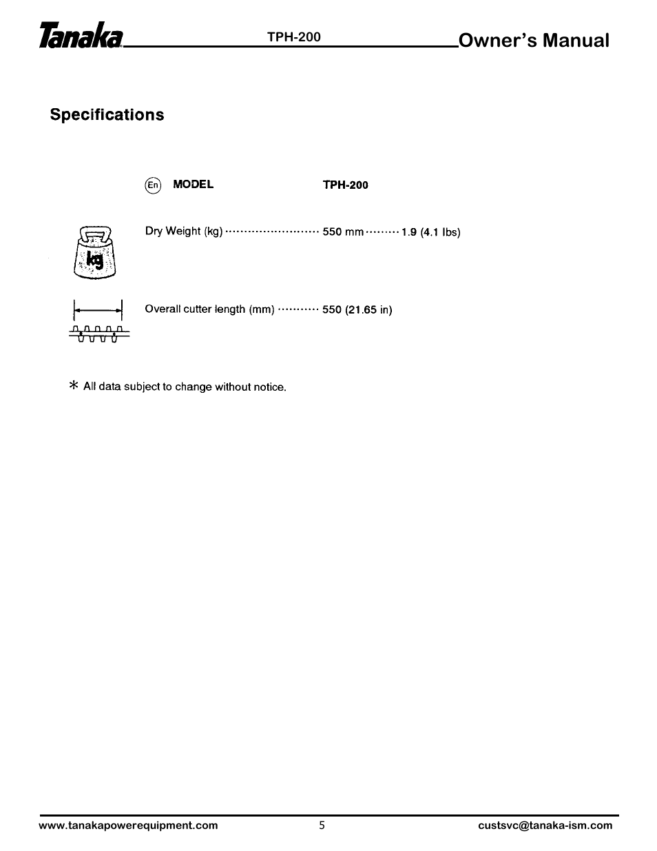 Specifications, Owner’s manual | Tanaka TPH-200 User Manual | Page 6 / 6