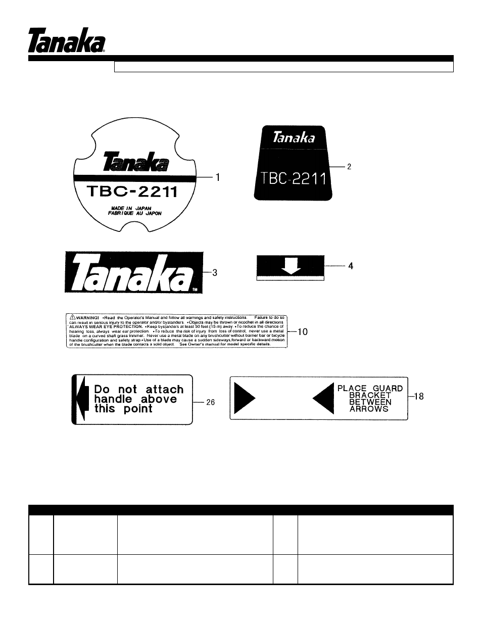 Decals, Tbc-2211, Parts information | Tanaka TBC-2211 User Manual | Page 17 / 22