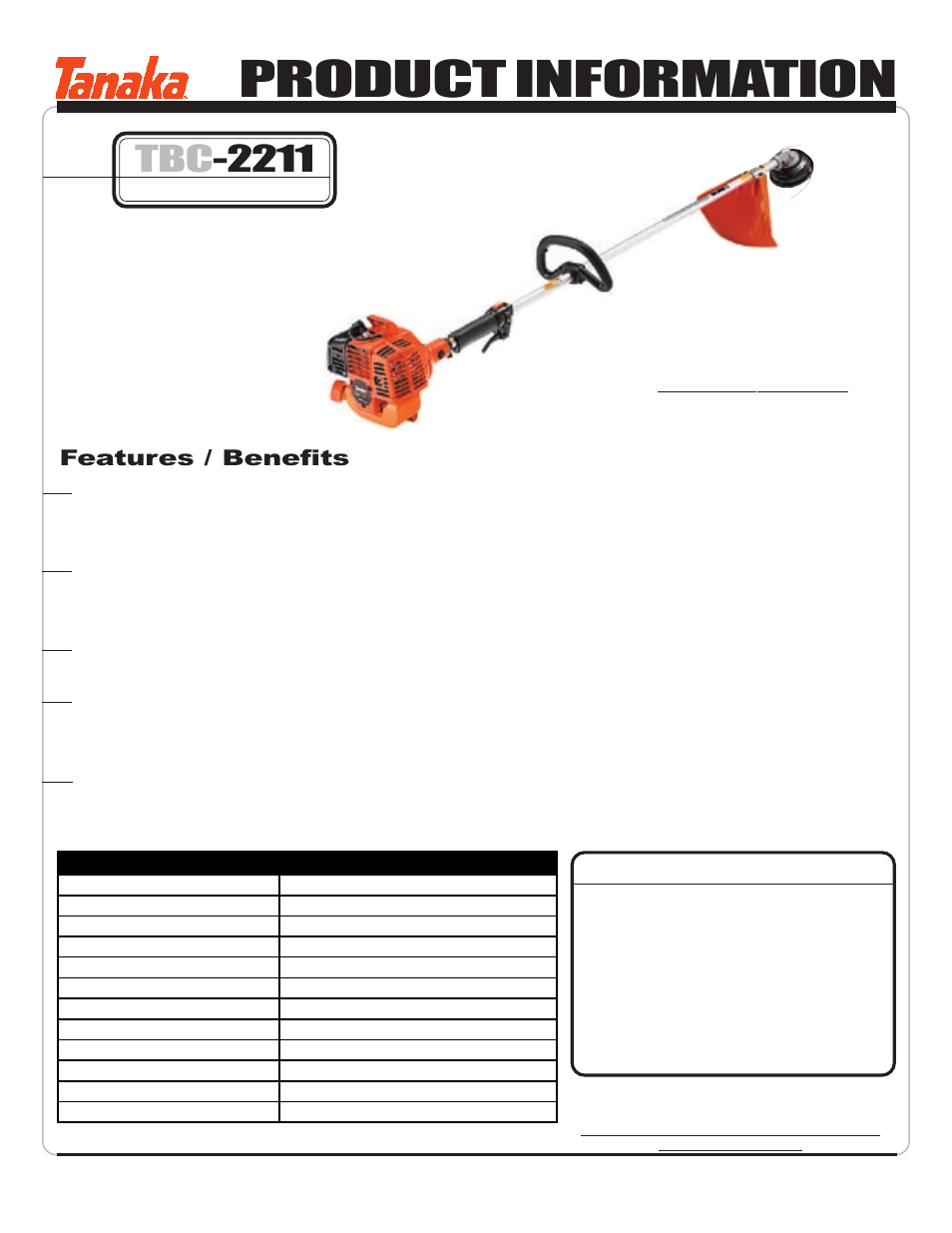 Specifications, Product information, Tbc -2211 | Optional accessories, Features / benefits | Tanaka TBC-2211 User Manual | Page 2 / 22