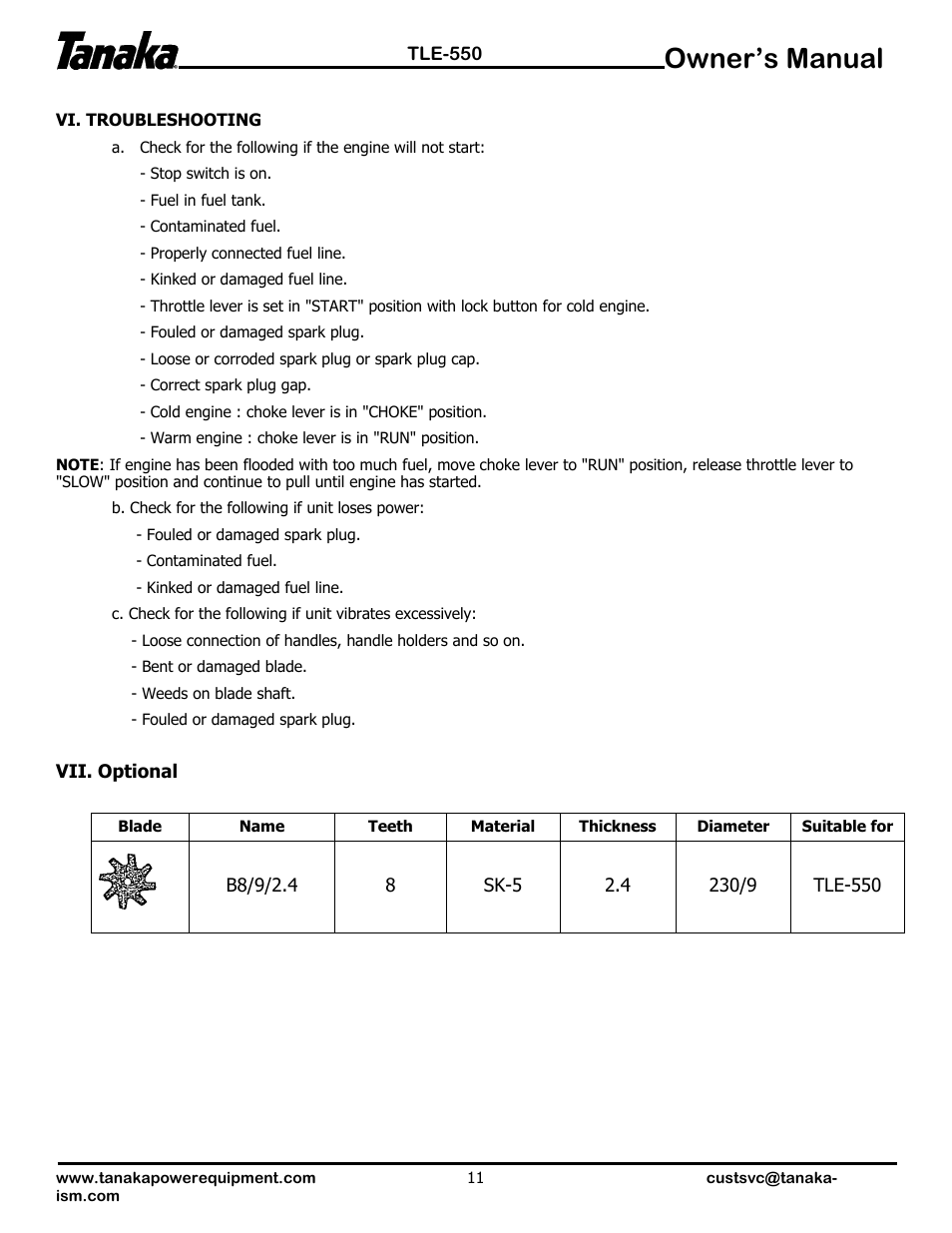 Troubleshooting, Owner’s manual | Tanaka TLE-550 User Manual | Page 12 / 14