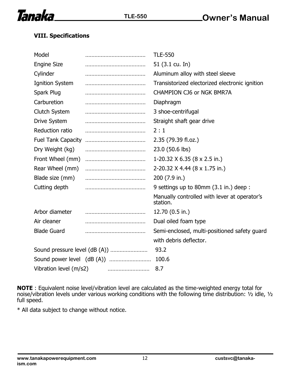 Specifications, Owner’s manual | Tanaka TLE-550 User Manual | Page 13 / 14