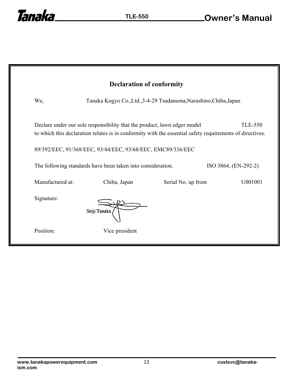 Declaration of conformity, Owner’s manual | Tanaka TLE-550 User Manual | Page 14 / 14