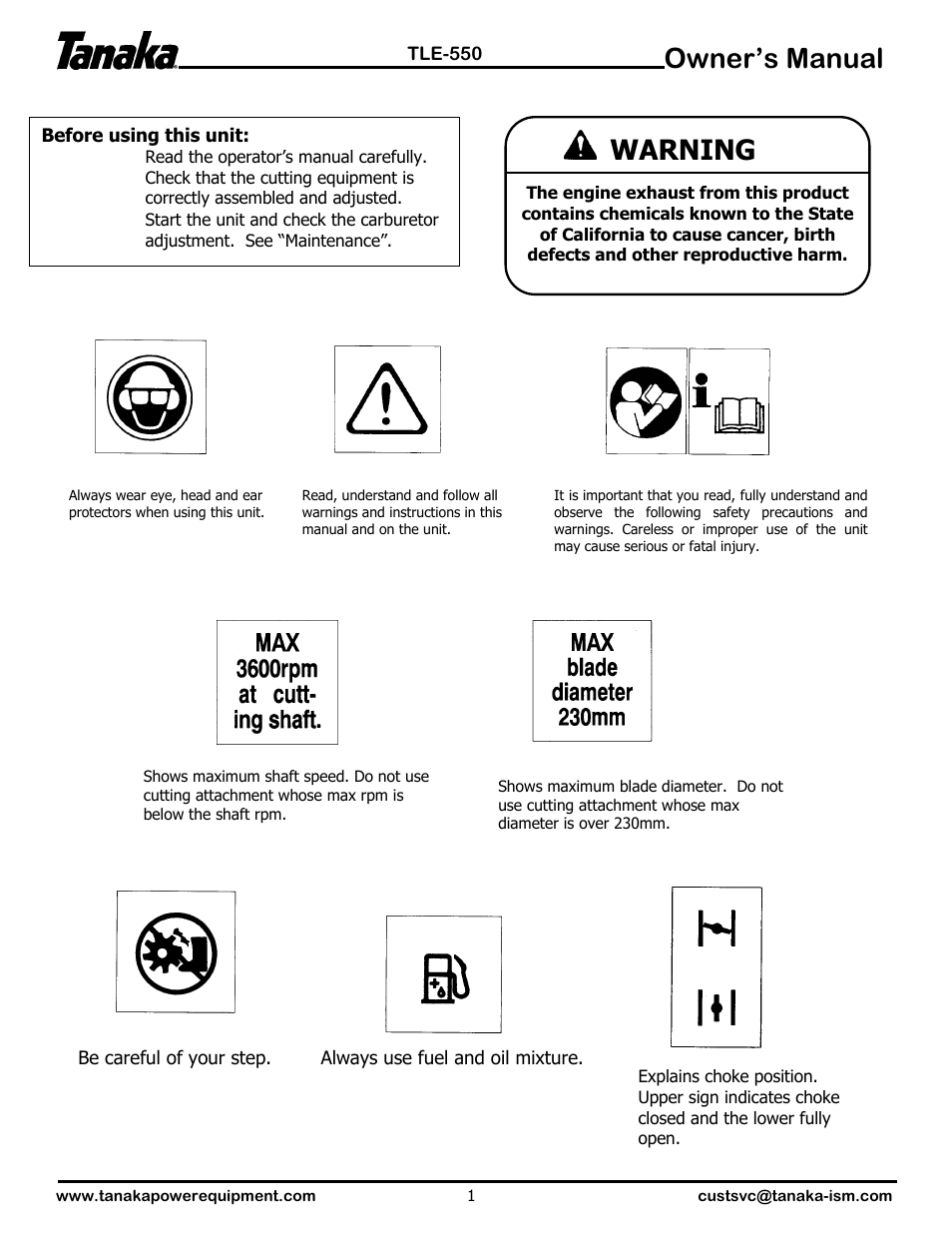 Symbols & alerts, Owner’s manual, Warning | Tanaka TLE-550 User Manual | Page 2 / 14