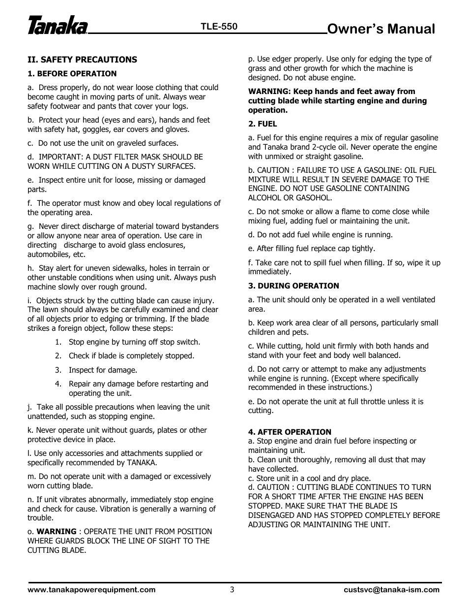 Saftey precautions, Owner’s manual | Tanaka TLE-550 User Manual | Page 4 / 14