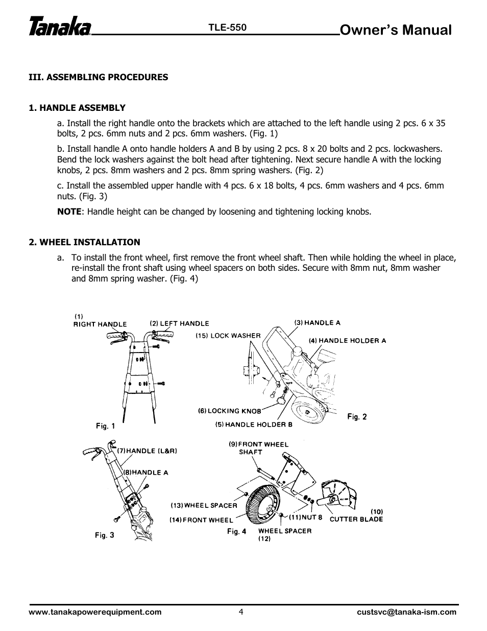 Assembly, Owner’s manual | Tanaka TLE-550 User Manual | Page 5 / 14