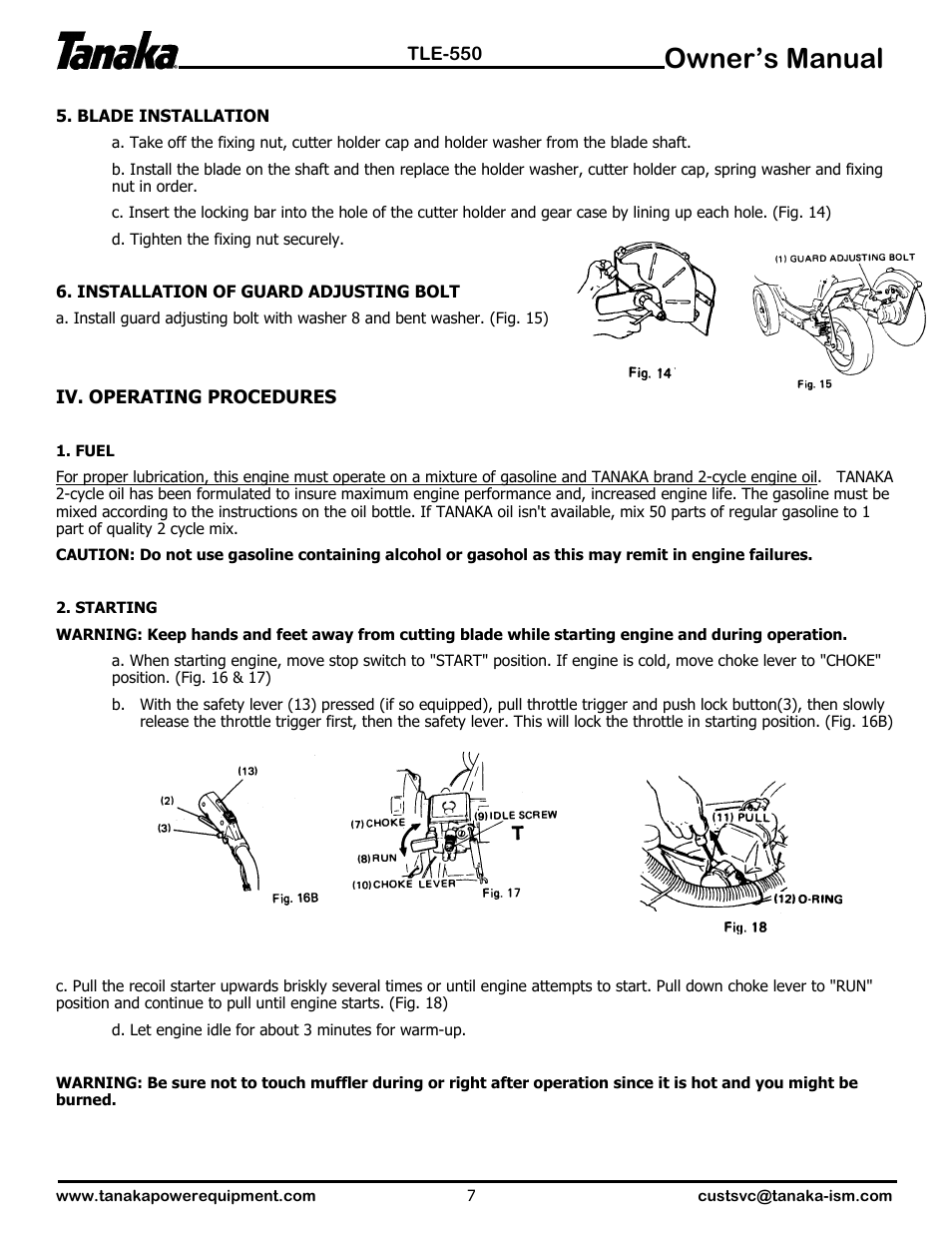 Operation, Owner’s manual | Tanaka TLE-550 User Manual | Page 8 / 14