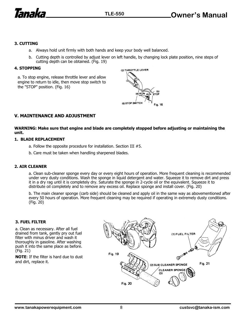 Maintenance, Owner’s manual | Tanaka TLE-550 User Manual | Page 9 / 14