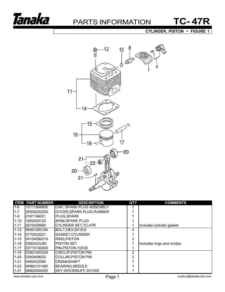 Cylinder, piston & crankshaft, Tc- 47r, Parts information | Tanaka TC-47R User Manual | Page 2 / 10