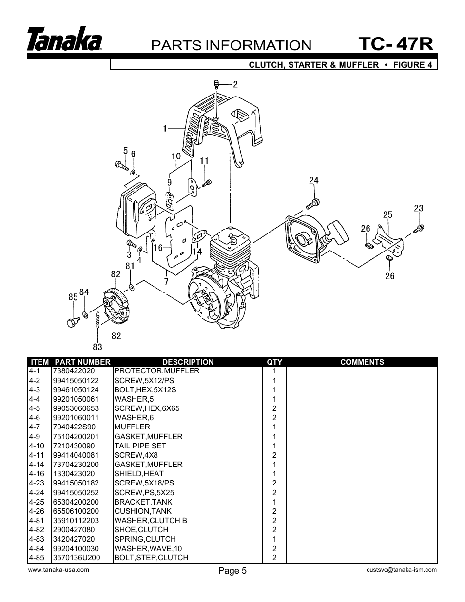 Clutch, starter & muffler, Tc- 47r, Parts information | Tanaka TC-47R User Manual | Page 6 / 10