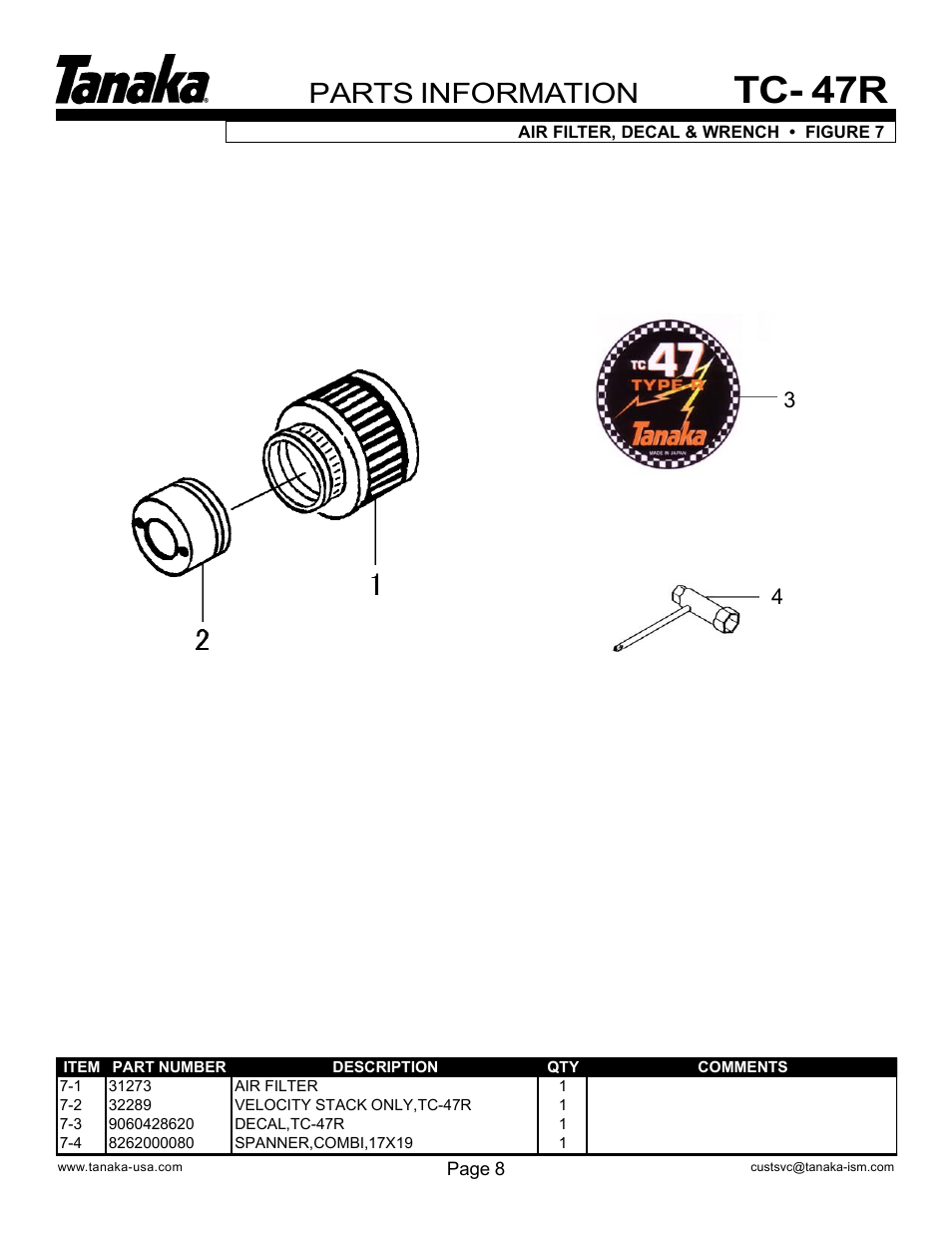 Air filter, decal & wrench, Tc- 47r, Parts information | Tanaka TC-47R User Manual | Page 9 / 10