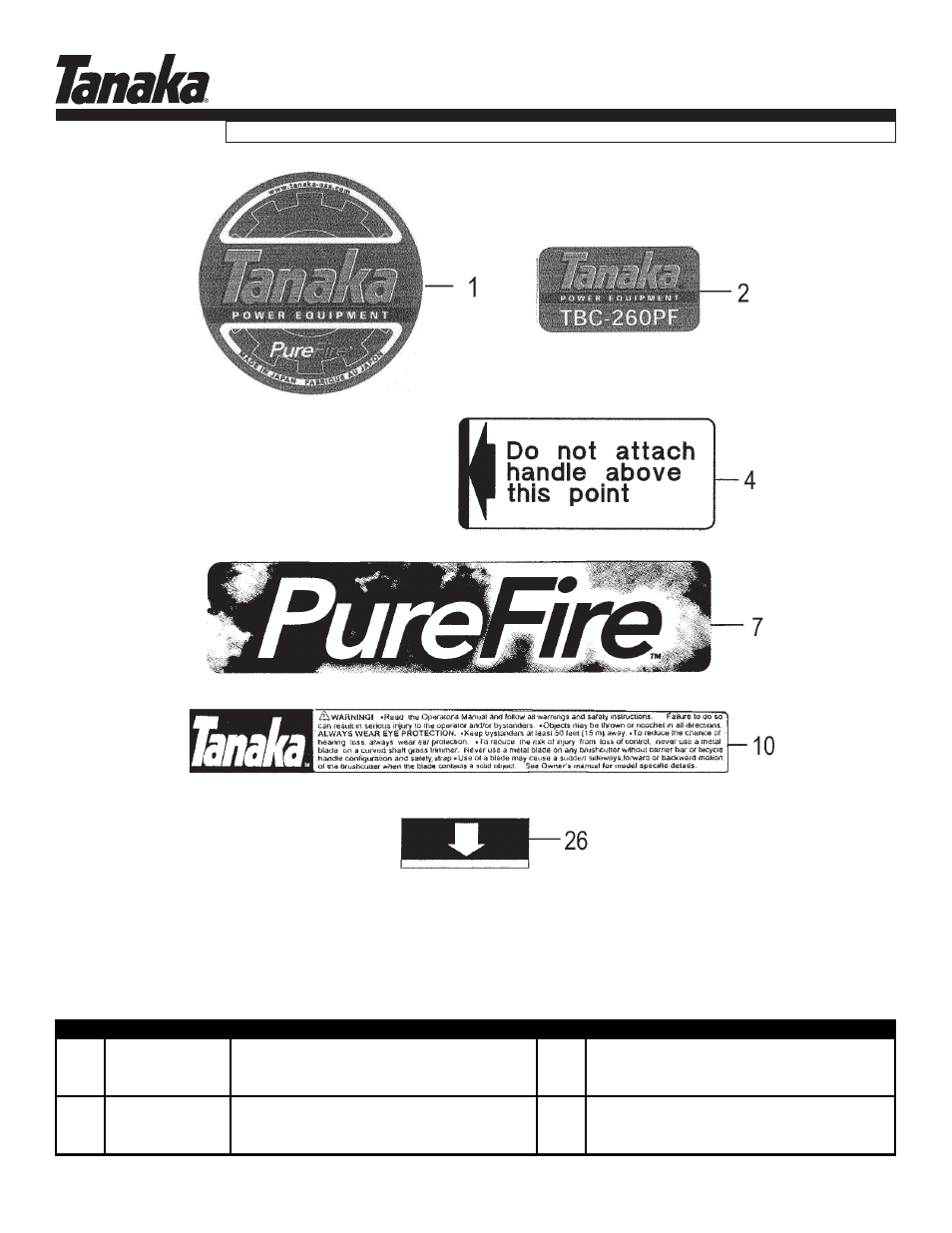 Decals, Parts information, Tbc-260pf/l | Tanaka TBC-260PF/L User Manual | Page 16 / 16