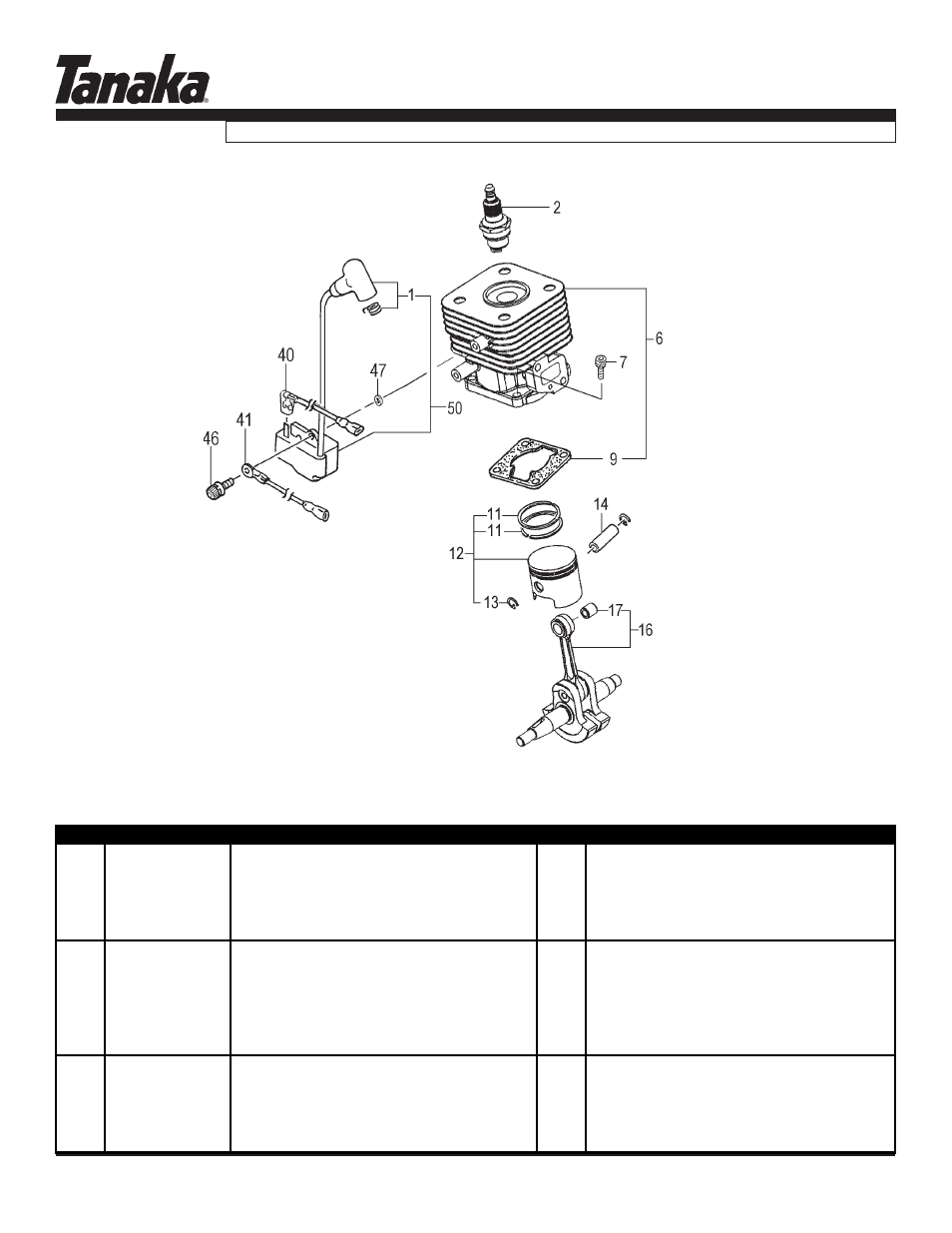 Cylinder, piston, crank & ignition, Parts information, Tbc-260pf/l | Tanaka TBC-260PF/L User Manual | Page 2 / 16