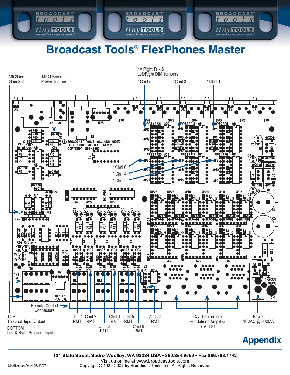 Broadcast tools, Flexphones master, Appendix | Jumper layout | TacT Audio Amplifiers User Manual | Page 19 / 20