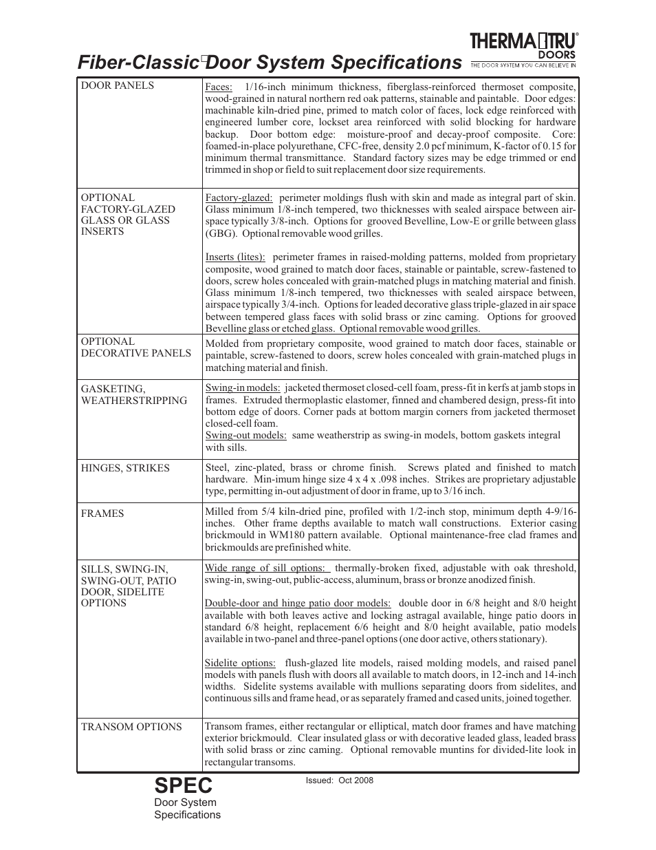 Spec, Fiber-classic door system specifications | Therma-Tru Double-door User Manual | Page 2 / 5