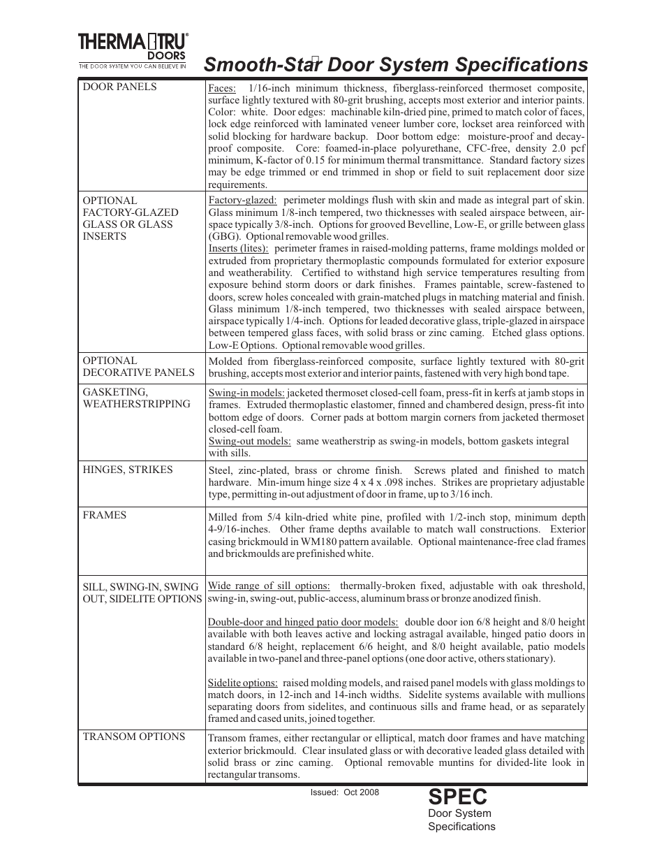 Spec, Smooth-star door system specifications | Therma-Tru Double-door User Manual | Page 3 / 5