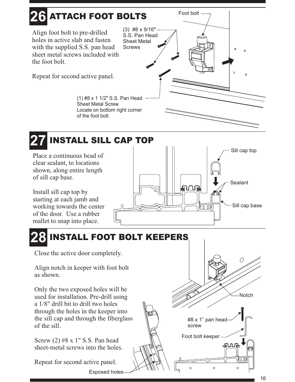 Install foot bolt keepers, Install sill cap top, Attach foot bolts | Therma-Tru Smooth-Star User Manual | Page 17 / 24