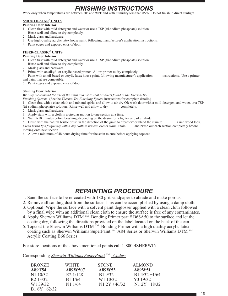 Finishing instructions repainting procedure | Therma-Tru Smooth-Star User Manual | Page 19 / 24