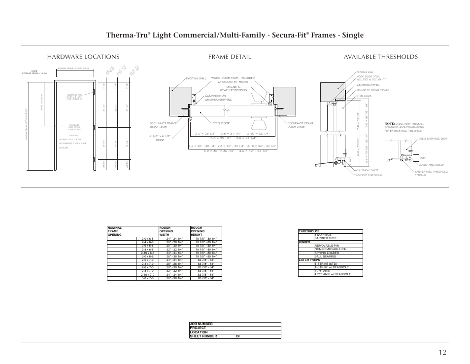 Therma-tru, Light commercial/multi-family - secura-fit, Frames - single | Hardware locations, Frame detail, Available thresholds | Therma-Tru Light Commercial Doors and Frames User Manual | Page 12 / 13