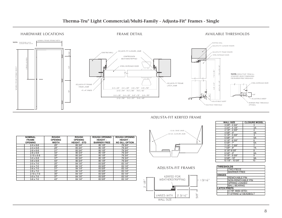 8therma-tru, Light commercial/multi-family - adjusta-fit, Frames - single | Frame detail, Hardware locations, Adjusta-fit frames, Adjusta-fit kerfed frame, Available thresholds | Therma-Tru Light Commercial Doors and Frames User Manual | Page 8 / 13