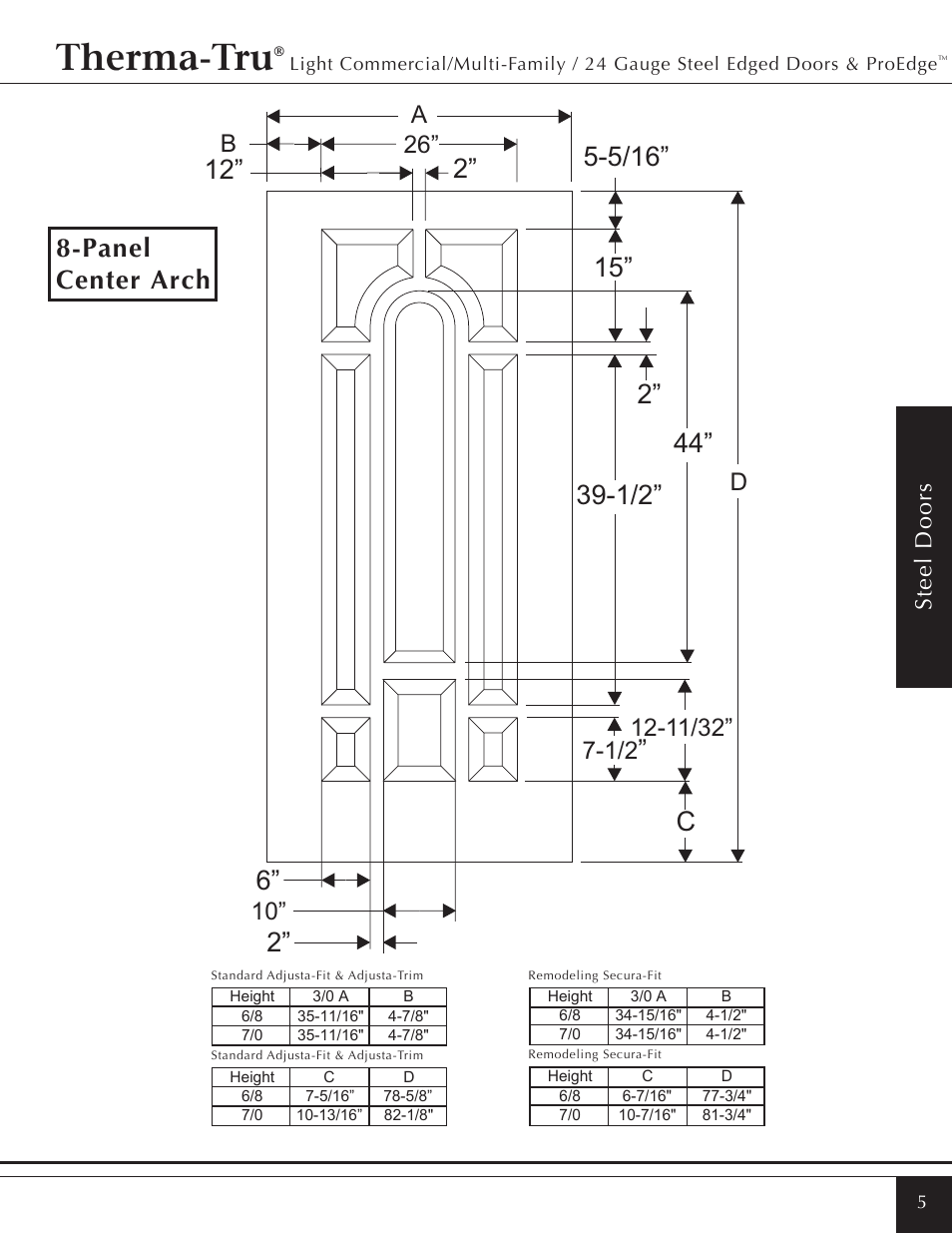 Therma-tru, 44” c, Panel center arch | 26” a | Therma-Tru Light Commercial/Multi-Family / 22 & 24 Gauge Steel Edged Door User Manual | Page 5 / 14