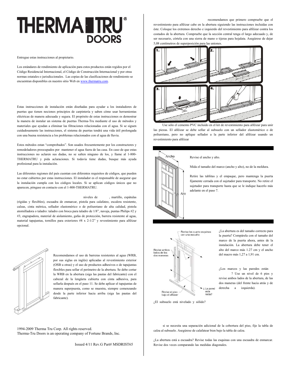 Lea todas las instrucciones antes de comenzar | Therma-Tru Pre-hung Door Systems User Manual | Page 5 / 8