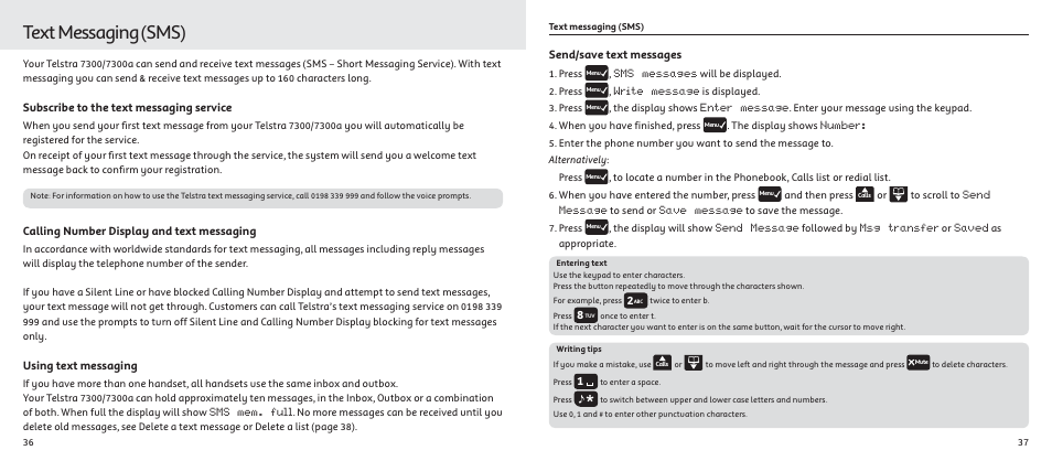 Text messaging (sms) | Telstrat 7300A User Manual | Page 19 / 39
