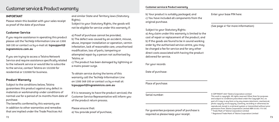 Customer service & product warranty | Telstrat 7300A User Manual | Page 37 / 39