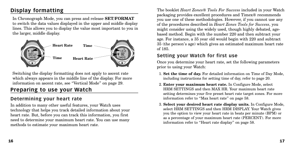 Display formatting, Preparing to use your watch | Timex W-219 User Manual | Page 10 / 158