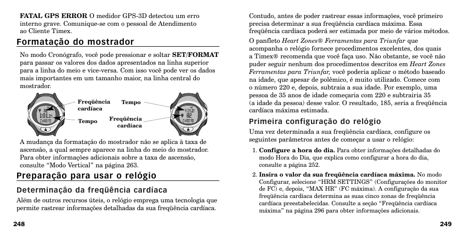 Formatação do mostrador, Preparação para usar o relógio | Timex W-219 User Manual | Page 127 / 158
