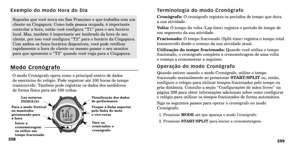 Modo cronógrafo | Timex W-219 User Manual | Page 132 / 158