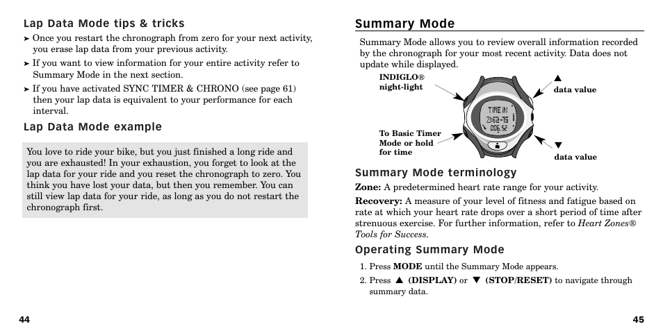 Summary mode | Timex W-219 User Manual | Page 24 / 158