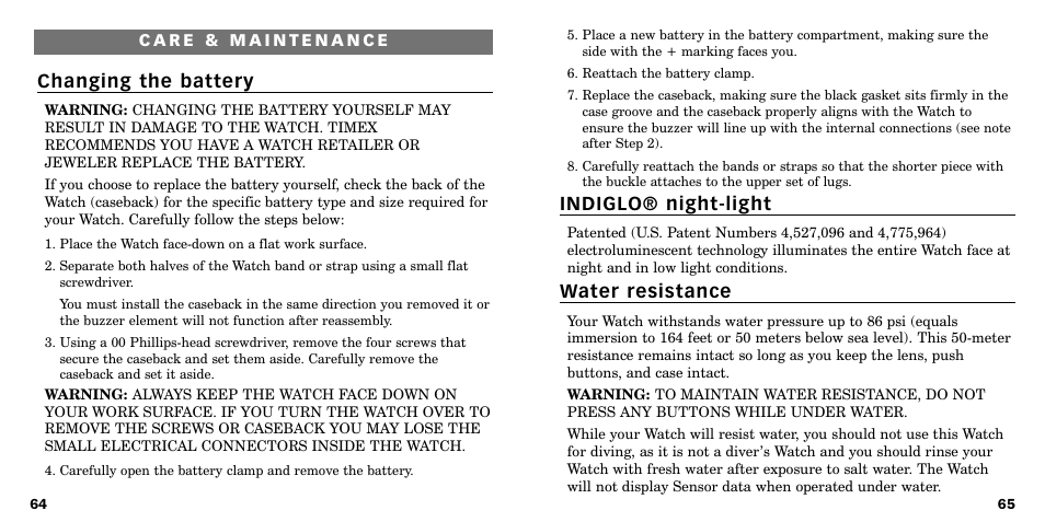 Indiglo® night-light, Water resistance, Changing the battery | Timex W-219 User Manual | Page 34 / 158