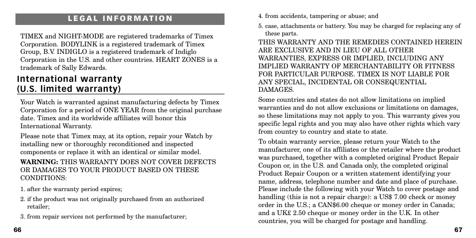 International warranty (u.s. limited warranty) | Timex W-219 User Manual | Page 35 / 158