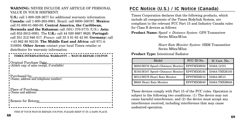 Fcc notice (u.s.) / ic notice (canada) | Timex W-219 User Manual | Page 36 / 158