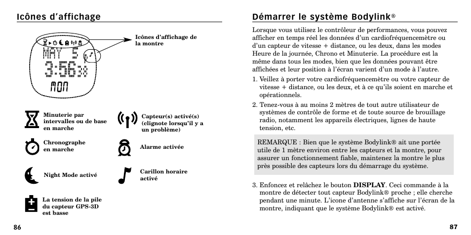 Démarrer le système bodylink, Icônes d’affichage | Timex W-219 User Manual | Page 45 / 158