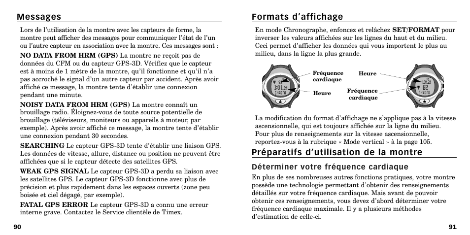Formats d’affichage, Préparatifs d’utilisation de la montre, Messages | Timex W-219 User Manual | Page 47 / 158