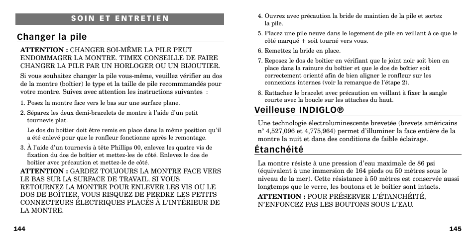 Veilleuse indiglo, Étanchéité, Changer la pile | Timex W-219 User Manual | Page 74 / 158