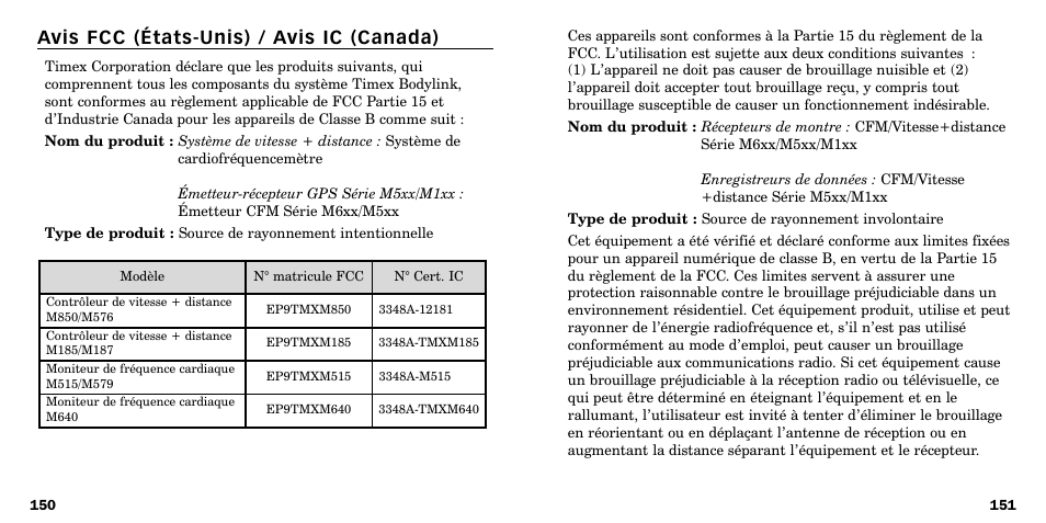 Avis fcc (états-unis) / avis ic (canada) | Timex W-219 User Manual | Page 77 / 158